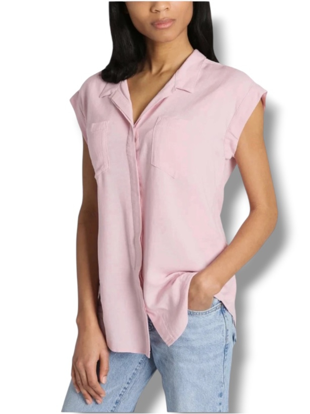 Jach’s Girlfriend Women’s Light Pink Cap Sleeve Button-Front Collared Top